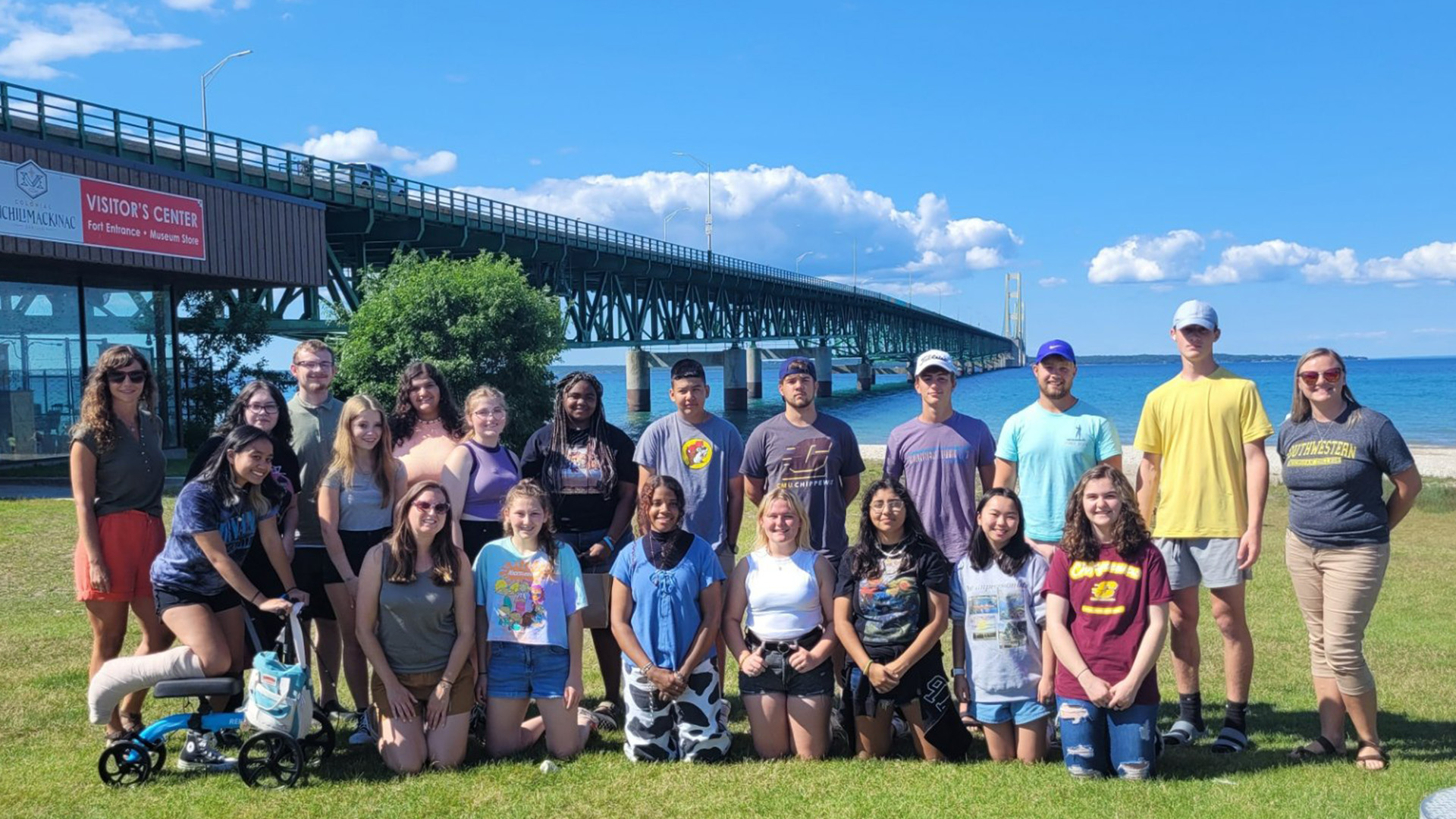 Students in front the Mackinac Bridge