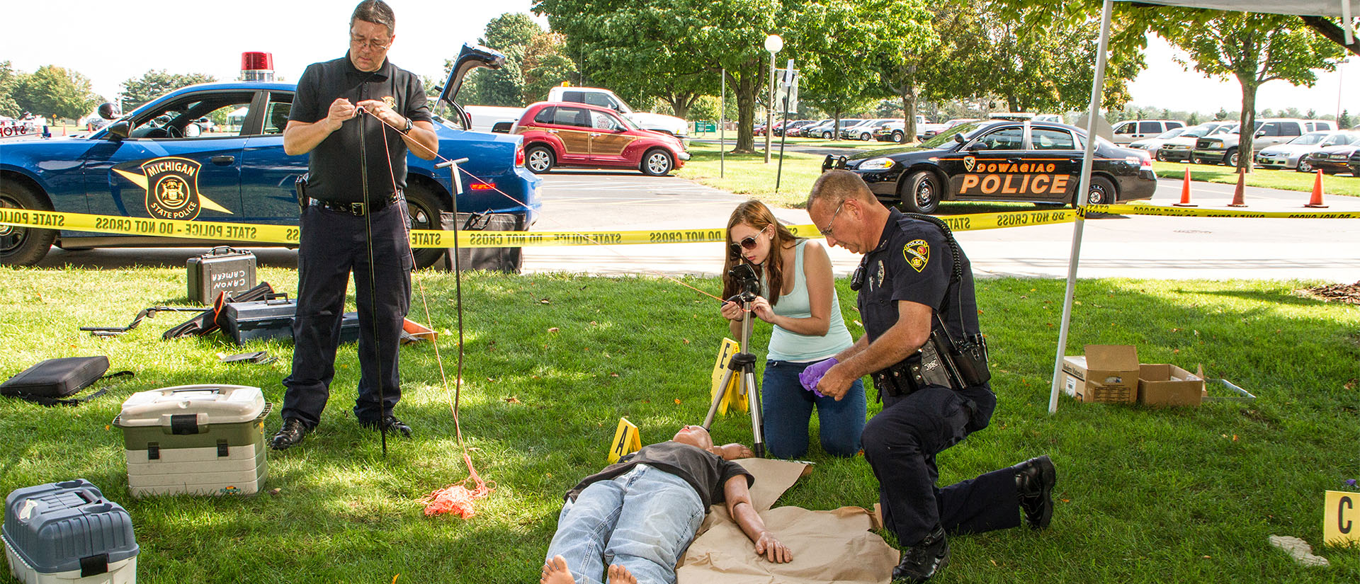 Criminal justice student learning crime scene investigation from state police