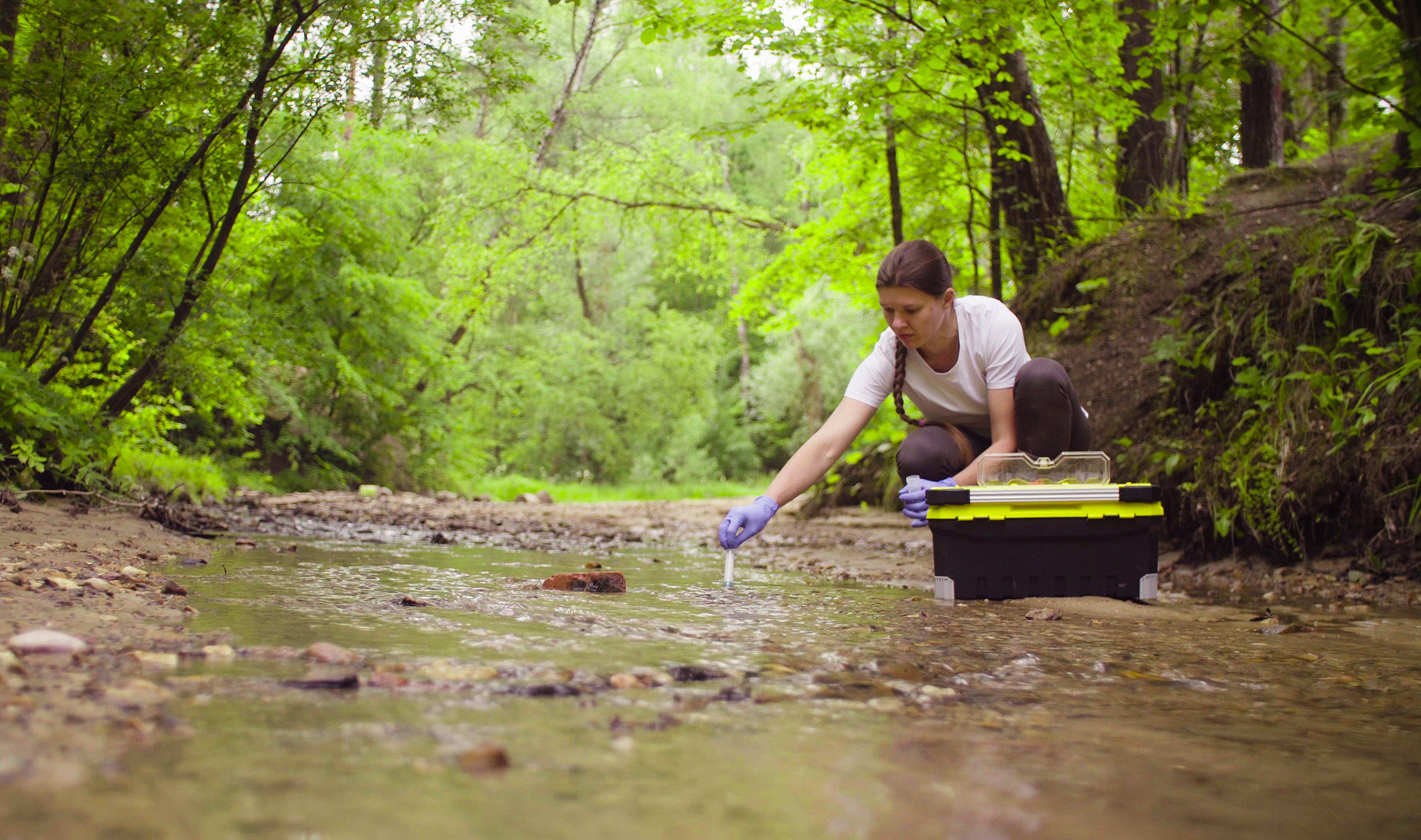 Woman taking water sample in a stream