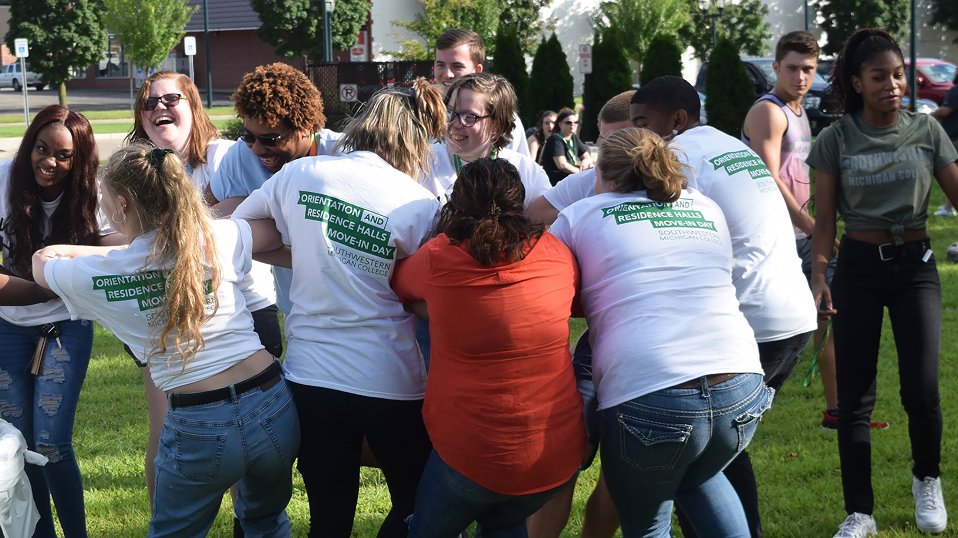 Students playing a tangle game